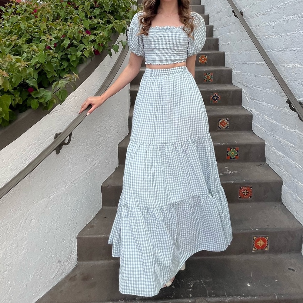 Gingham Green and White Puff Sleeve Smocked Blouse and Skirt Set